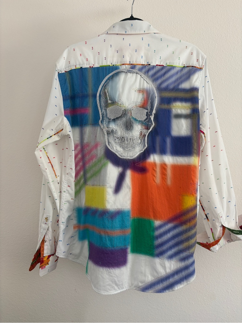 Robert Graham White Button-Down Shirt with Multicolor Skull and Graphic Blocks